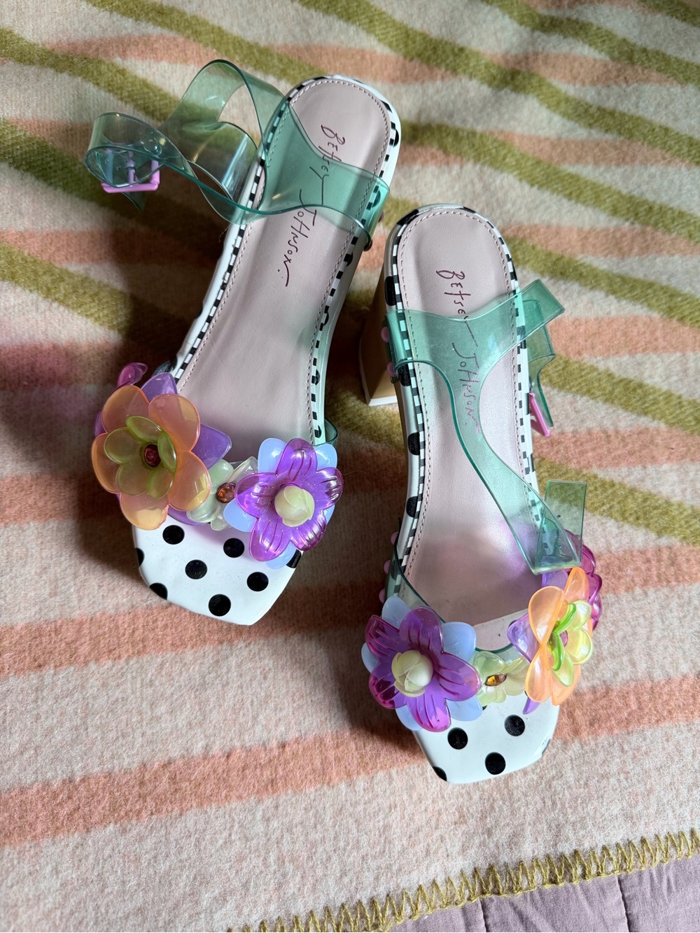 Betsey Johnson Clear Green Strap Polka Dot Heels with Multi-Color Flower Accents